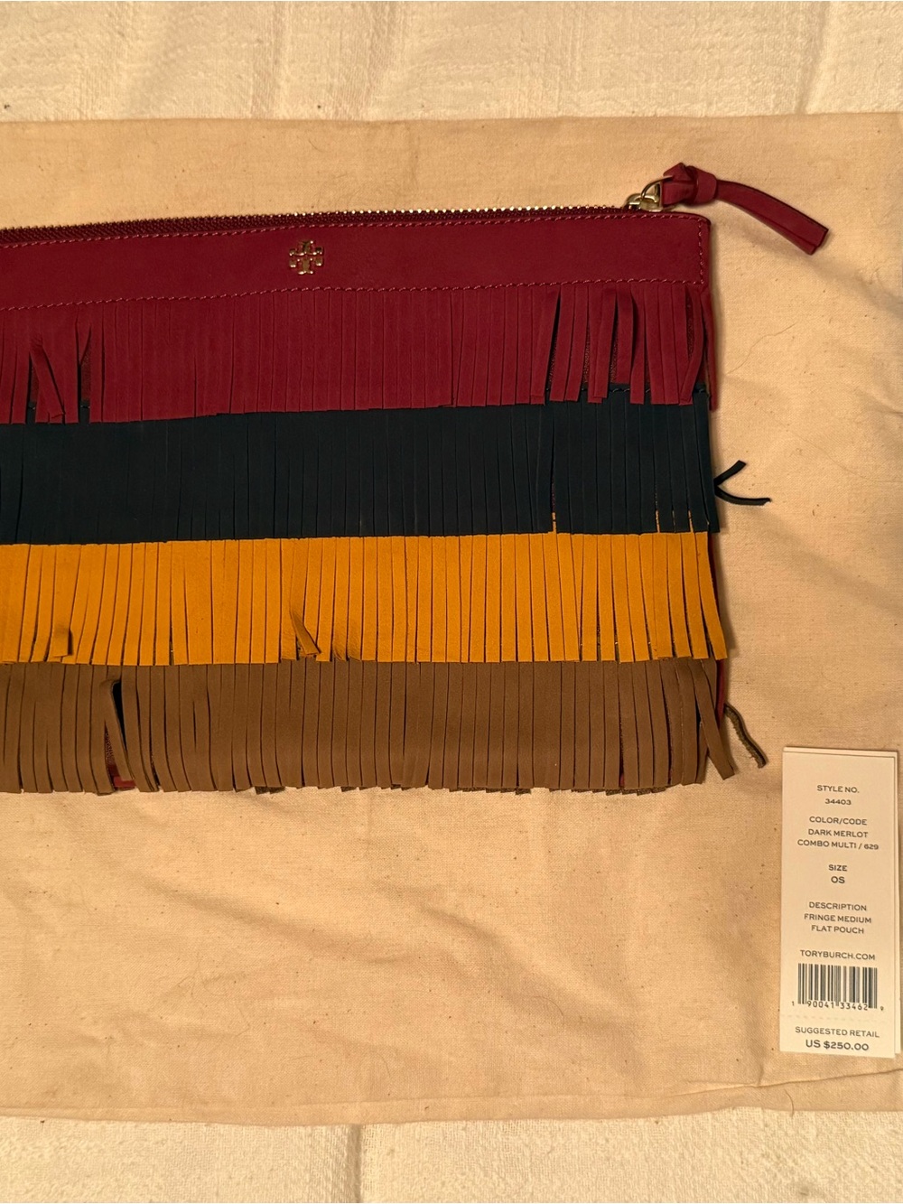 Tory Burch Colorblock Fringe Zip Pouch in Merlot, Navy, Mustard and Brown